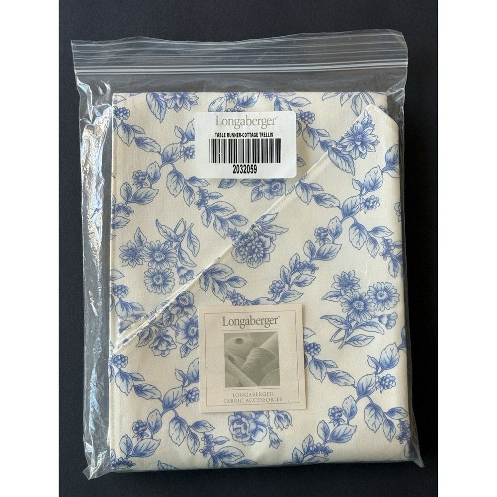 NEW Longaberger COTTAGE TRELLIS Table Runner 72x16 Blue/White‎ Farmhouse Decor